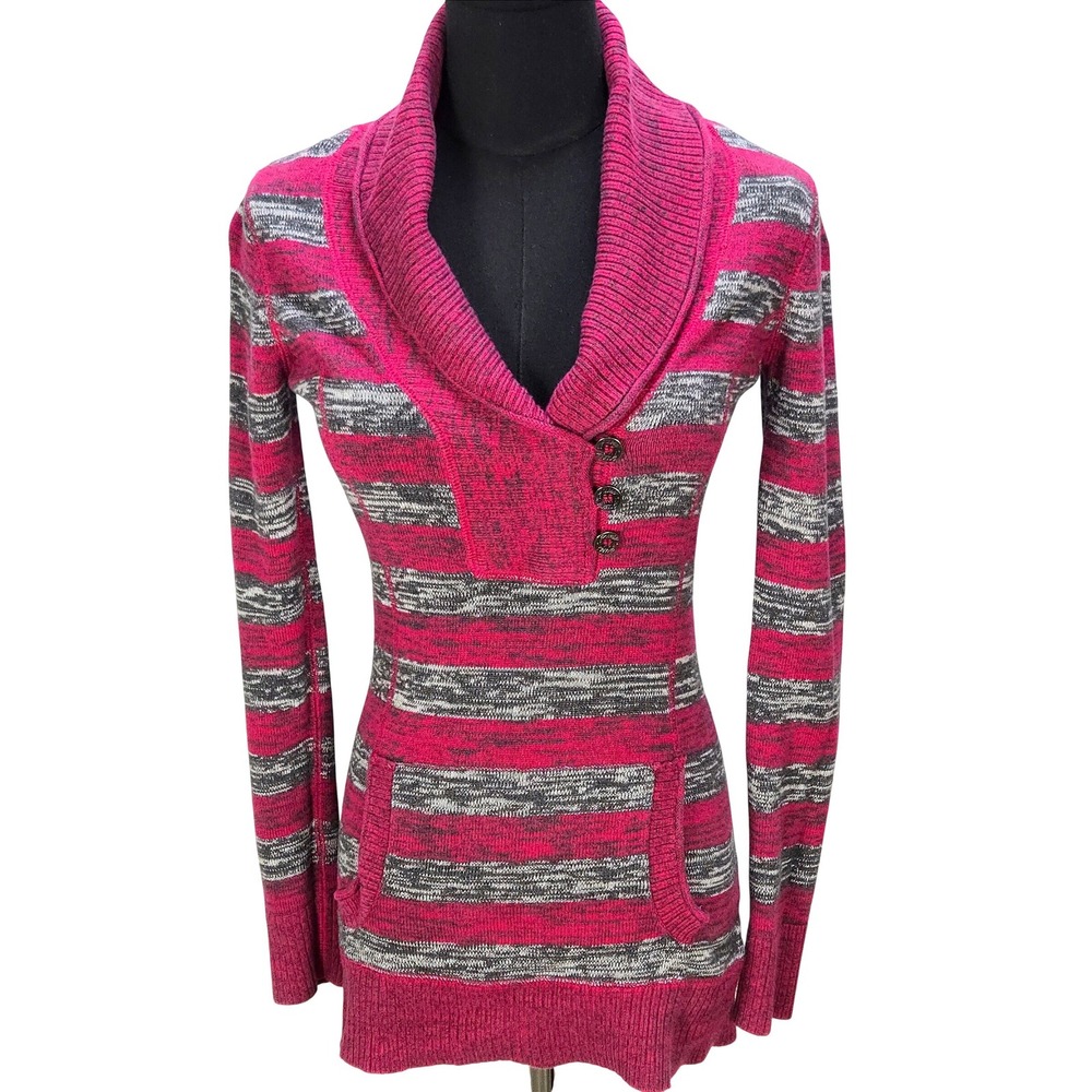 Women's Guess Y2K Small Pink Grey Striped Shawl Collar Cotton Knit Sweater Tunic